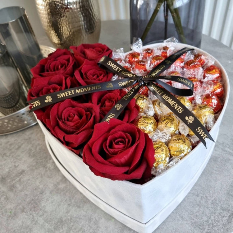 Luxury White Velvet Heart Shaped Hat Box Filled With Chocolate and Artificial Velvet Roses