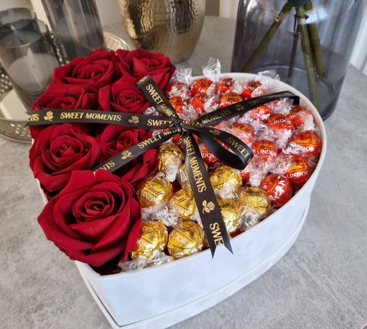 Luxury White Velvet Heart Shaped Hat Box Filled With Chocolate and Artificial Velvet Roses