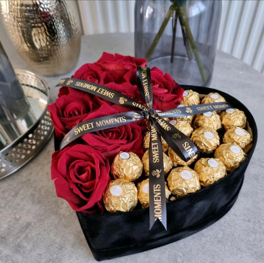 Black Velvet Heart Shaped Hat Box, Artificial Roses and Chocolate Gift Hamper Box