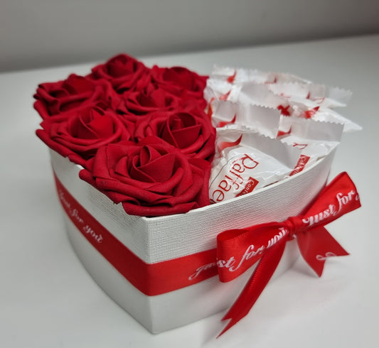Luxury Red Rose and Raffaello Coconut Sweets Heart Hamper Gift Box
