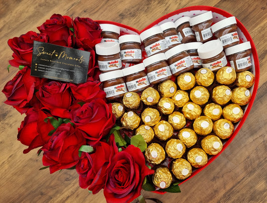 Luxury X Large Heart Box With 12 Red Long Stem Silk Roses, Nutella Mini Jars And Ferrero Rocher Chocolate