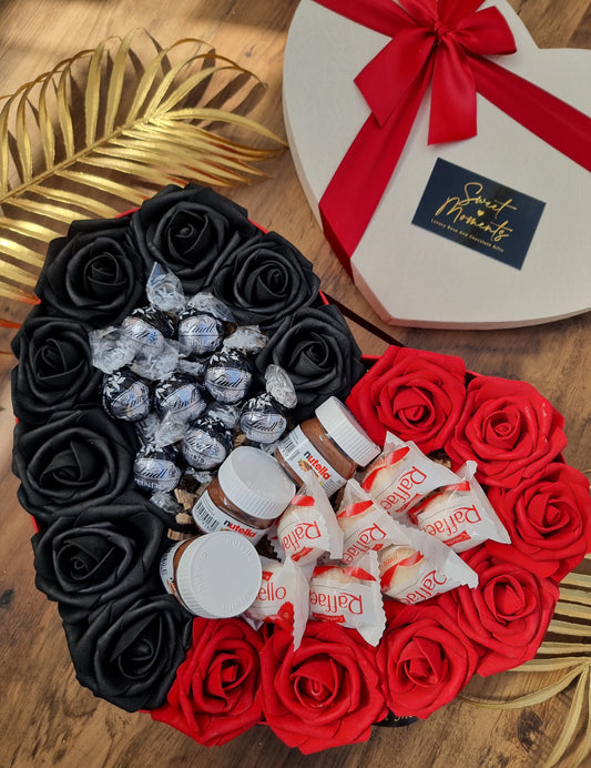 Large Luxury Heart Shaped Gift Box Filled With Black Roses, Red Roses, Raffaello, Dark Lindor Truffles And Nutella Chocolate, Gift Hamper