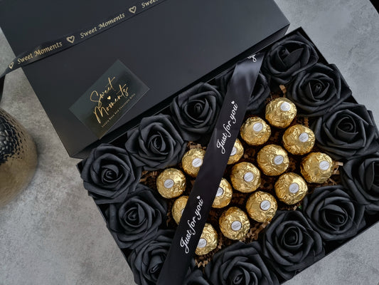 Luxury Black Artificial Roses And Ferrero Rocher Chocolate Hamper Gift Box