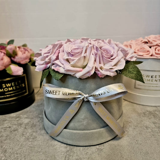 Luxury Grey Velvet Hat Box Faux Artificial Lilac Pink Roses With Ribbon