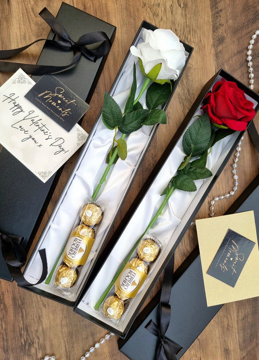 Luxurious Single Velvet Rose Flower In Silk Lined Black Presentation Gift Box And Ferrero Rocher Chocolate
