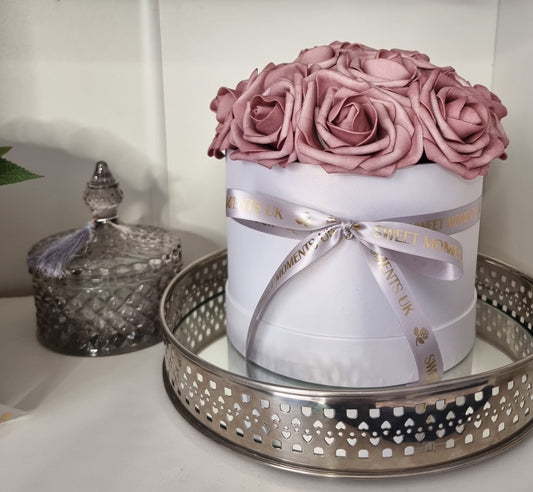 Luxury Artificial Mauve - Dusty Pink Rose Hat Box, Pearl White Hat Box, Home Decor Flower Arrangement