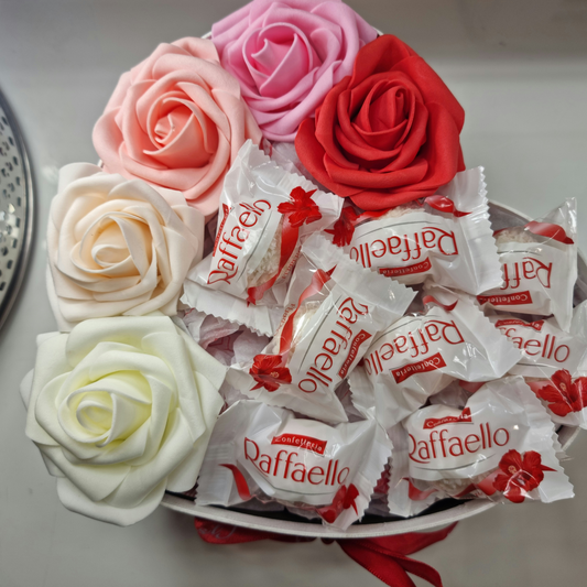 Luxury White Box , Colourful Roses and Rafaello Coconut Chocolate Gift Hat Box