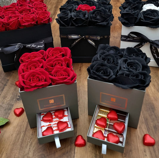 Luxury Grey Square Box - Artificial Velvet Roses, Drawer Filled With Kinder Chocolate - Merci Chocolate, Chocolate- Caramel Hearts