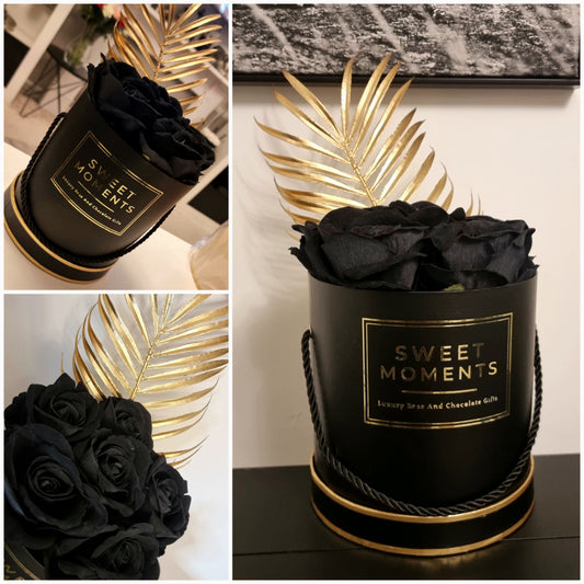 Luxury Black Velvet Roses And Gold Palm Leaf Stem Hat Box, Flower Arrangement