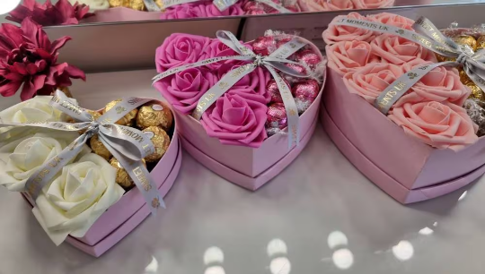 Luxury Pink Heart Shaped Hat Box, Artificial Flowers Roses, Pink White Roses, Chocolate Selection, Lindor, Ferrero Rocher, Hamper Gift Box