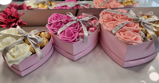 Luxury Pink Heart Shaped Hat Box, Artificial Flowers Roses, Pink White Roses, Chocolate Selection, Lindor, Ferrero Rocher, Hamper Gift Box