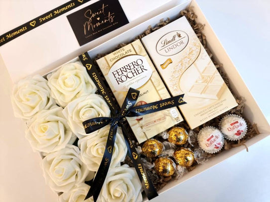 Luxury Artificial White Rose Chocolate Selection Hamper Gift Box, Lindor, Rafaello ,Ferrero Rocher Bar