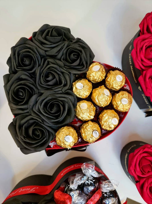 Luxury Black Rose and Ferrero Rocher Chocolate Heart Hamper Gift Box, Valentine's Day Present, Birthday, Anniversary, Wedding, Proposal Gift
